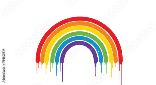 Colorful graffiti rainbow with paint drips and a distressed texture on a white background, representing pride and diversity.