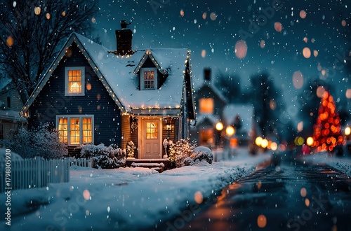 Magical Christmas House with Snow-Covered Roof and Red Christmas Tree in Winter Night Scene
