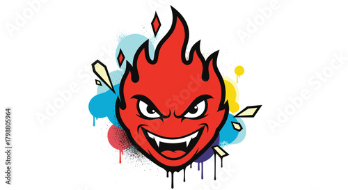 An angry red flame character with sharp fangs and a mischievous grin, rendered in a cartoon style against a vibrant graffiti background.