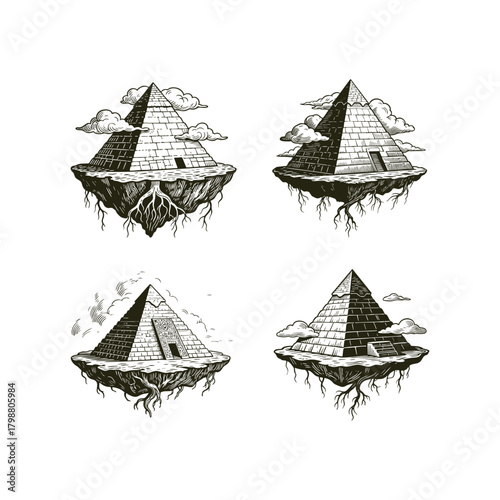 Vintage engraving style illustration set featuring four mystical floating pyramids with exposed roots and surrounding clouds, embodying concepts of ancient secrets, spirituality, and surreal fantasy