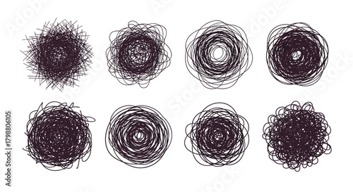 Abstract hand-drawn scribble and tangled line art illustrations featuring various chaotic circular and blob shapes on white.
