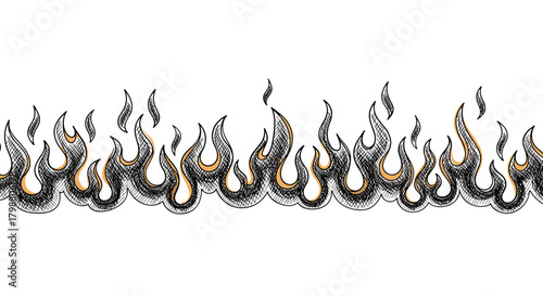 A graphic illustration of a seamless fiery border featuring stylized hand-drawn flames with a textured black and orange glow.
