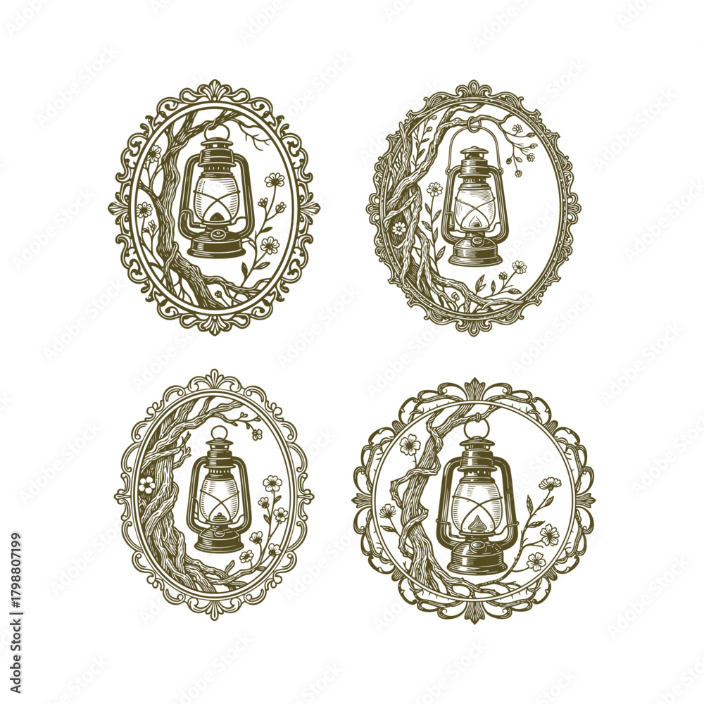 Obraz premium A beautiful set of four vintage etching illustrations featuring a classic oil lantern framed by intricate natural elements like twisting tree branches and small wildflowers vector template