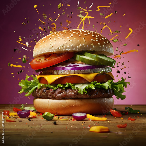 Cheeseburger fast food meal with lettuce and tomato