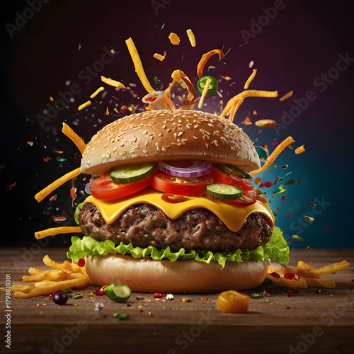 Burger and fries with cheeseburger and toppings