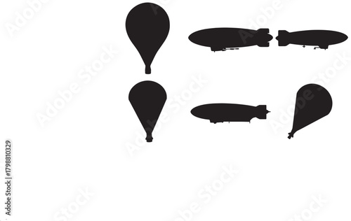 Collection of silhouette icons for hot air balloons and airships
