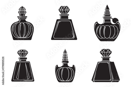 Elegant black silhouettes of vintage perfume bottles displayed in a grid format