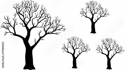 Striking silhouette of barren trees, evocative of winter's stark beauty, ideal for nature-themed designs or minimalist art projects, originally scalable vector graphic