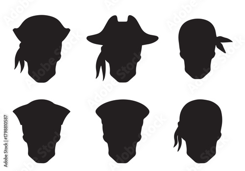 Silhouettes of pirate heads with various hats and hairstyles