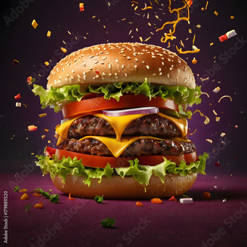 Juicy hamburger on a black background