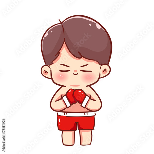 Cute Chibi Muay Thai Boxer Standing Wai Kru Gesture of Respect