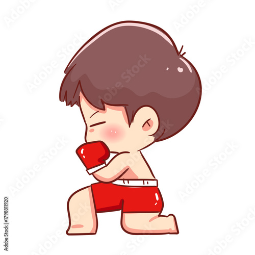 Adorable Chibi Muay Thai Boxer Kneeling Rest or Wai Kru Gesture