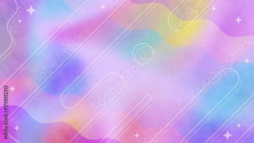 キラキラマークが周囲に輝く、流体のようなストライプによるフラットでモダンな背景/レインボー