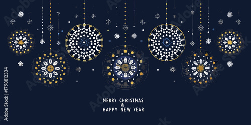 Festive hanging ornaments and snowflakes in gold white and blue on a dark navy background with merry christmas and happy new year text