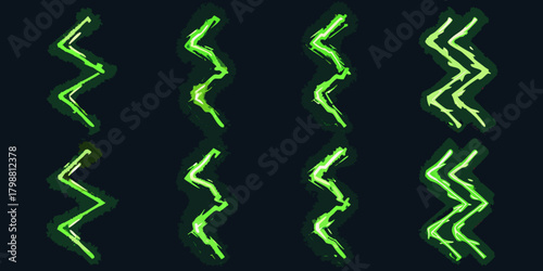 Collection of stylized green lightning bolt graphic elements with a dark background