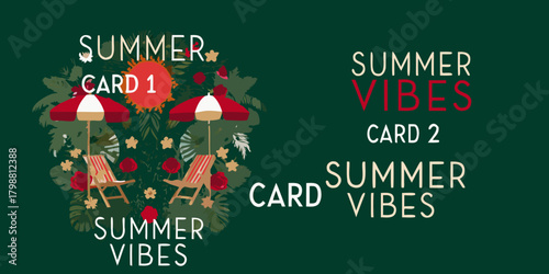 Two summer cards featuring beach chairs umbrellas and tropical foliage with text