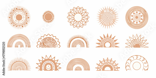 Collection of boho sun and rainbow icons in warm earth tones