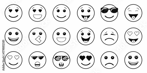 Collection of black and white cartoon emoji faces expressing various emotions and moods