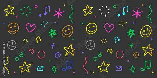 Colorful hand drawn doodle icons and symbols scattered on a dark background