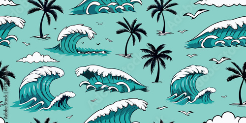 Seamless pattern of crashing ocean waves and silhouetted palm trees against a teal background with seagulls and clouds