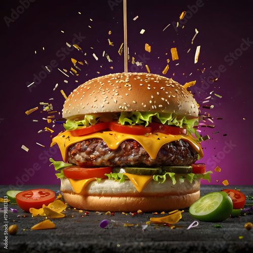 Hamburger on a black background with fresh toppings