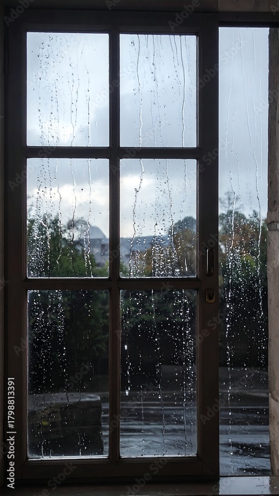 Fototapeta premium Rainy day view through a paneled window onto a landscape
