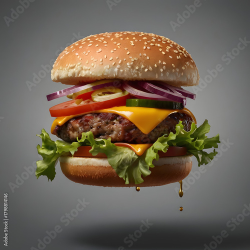 Hamburger on a plate with fresh toppings on a black background