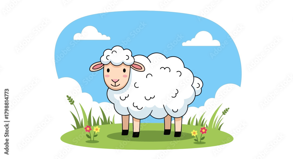 Obraz premium Cute Cartoon Sheep on a Sunny Day A Delightful Illustration of a Fluffy Farm Animal Grazing Peacefully