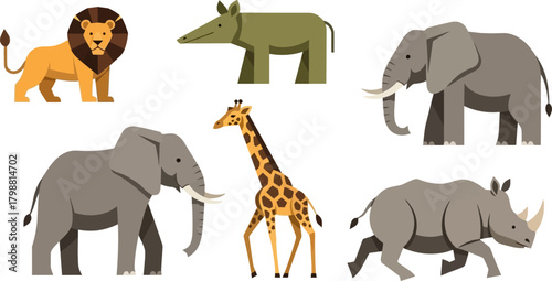 Collection of Diverse African Savanna Wildlife Illustrations Featuring Iconic Safari Animals Like Lions, Elephants, Giraffes, and Rhinos in a Flat Vector Style