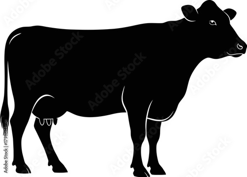 Detailed black silhouette of a standing dairy cow, an iconic representation of livestock and farm animals, ideal for agricultural design elements, branding, and rural themes