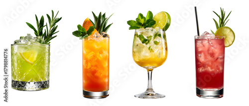 colorful cocktail drinks collection isolated on a transparent PNG background, white background, cut out