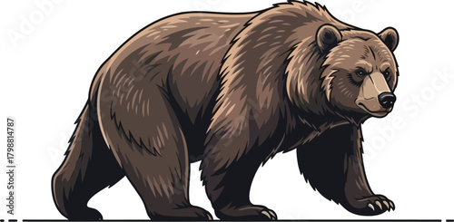 Majestic Bear Illustration Brown Grizzly Walking with Power and Grace, Nature's Icon