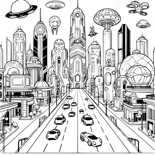 A futuristic city with flying saucers and cars on the road in a black and white line drawing style