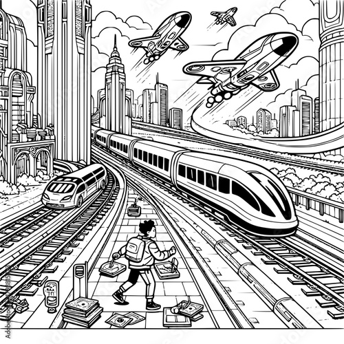 Detailed line art of futuristic city with trains planes and a person walking on tracks amidst money