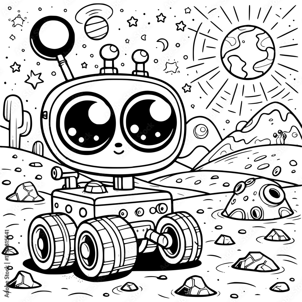 Fototapeta premium Illustration of a cute cartoon robot exploring a planet with mountains and stars in the background