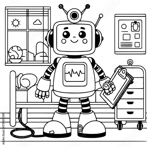 Illustration of a cartoon robot doctor in a hospital room holding a clipboard and chart display