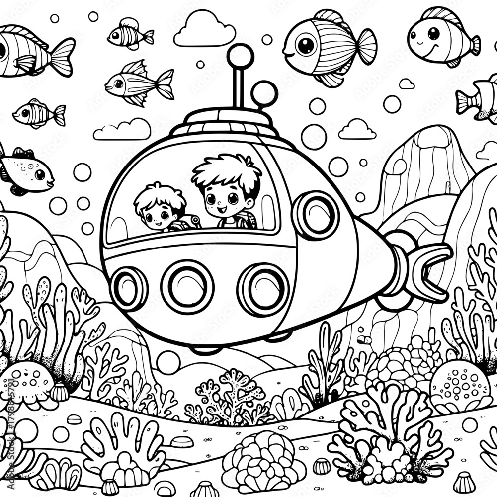 Fototapeta premium Two boys in a submarine exploring the ocean with coral reefs and various fish in a black and white drawing