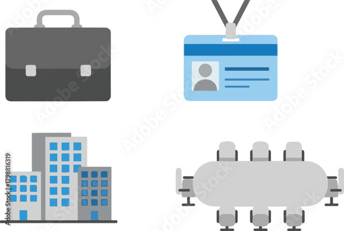 Business icons briefcase id badge buildings and conference table