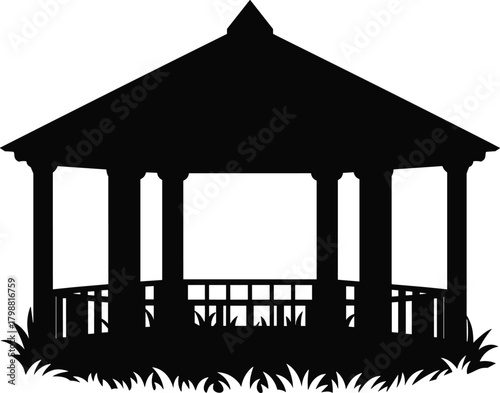 Elegant gazebo silhouette with decorative pillars and surrounding grass, black vector garden pavilion illustration for architecture, park design, and landscape elements