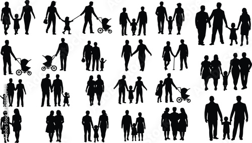 Family silhouettes walking together in various poses, parents with children, stroller scenes, diverse family relationships, community unity illustration, vector design