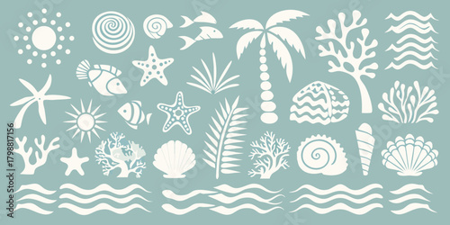 Collection of white tropical beach and ocean elements on a light blue background