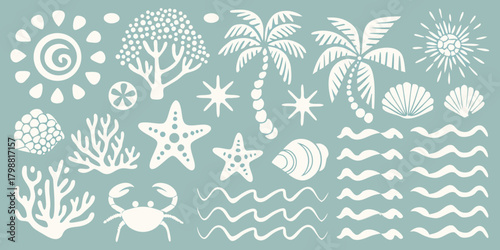 Collection of white tropical beach and ocean elements on a light blue background