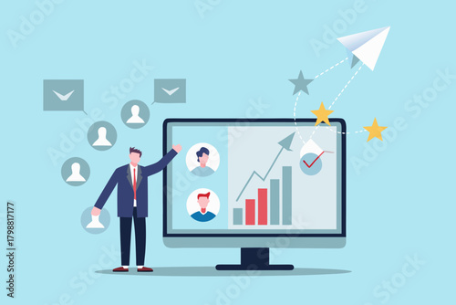 Businessman presenting positive business growth and team success on a computer screen with a paper airplane taking flight