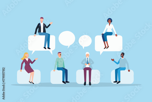 Diverse group of people sitting on speech bubbles communicating and sharing ideas