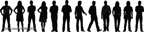 Silhouette collection of diverse standing people in various poses for business teamwork, community crowd, professional illustration and modern vector design