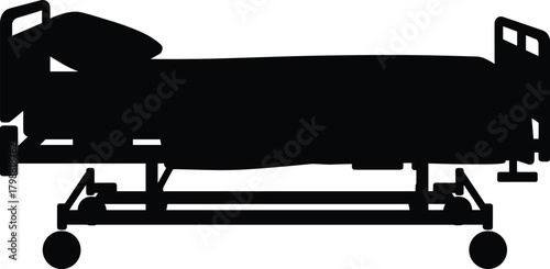 Modern hospital bed silhouette illustration for medical care equipment, healthcare facility design, emergency room services, patient recovery support, clinical equipment concept