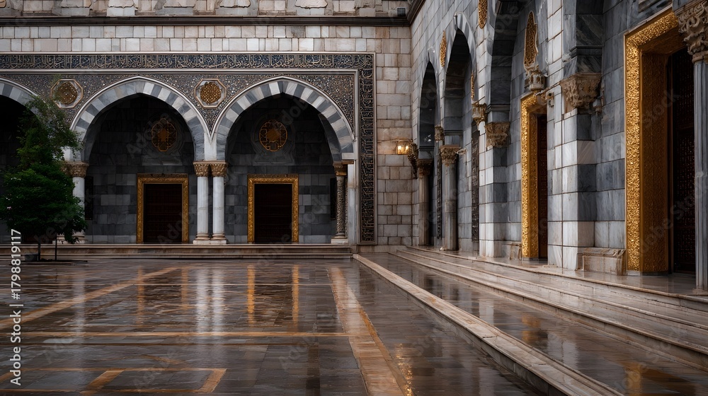 Fototapeta premium Reflective marble courtyard of an ancient Islamic building after rain