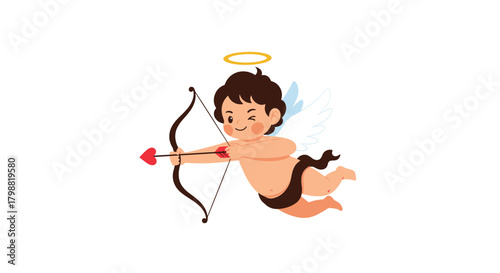 Cute cartoon Cupid illustration flying with a bow and heart-tipped arrow, ready to strike with love on Valentine's Day.