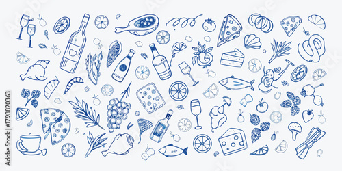 Whimsical hand drawn food and drink elements scattered across a white background