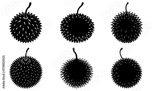 Illustration showing six black silhouettes of exotic durian fruits with spiky exteriors and stems